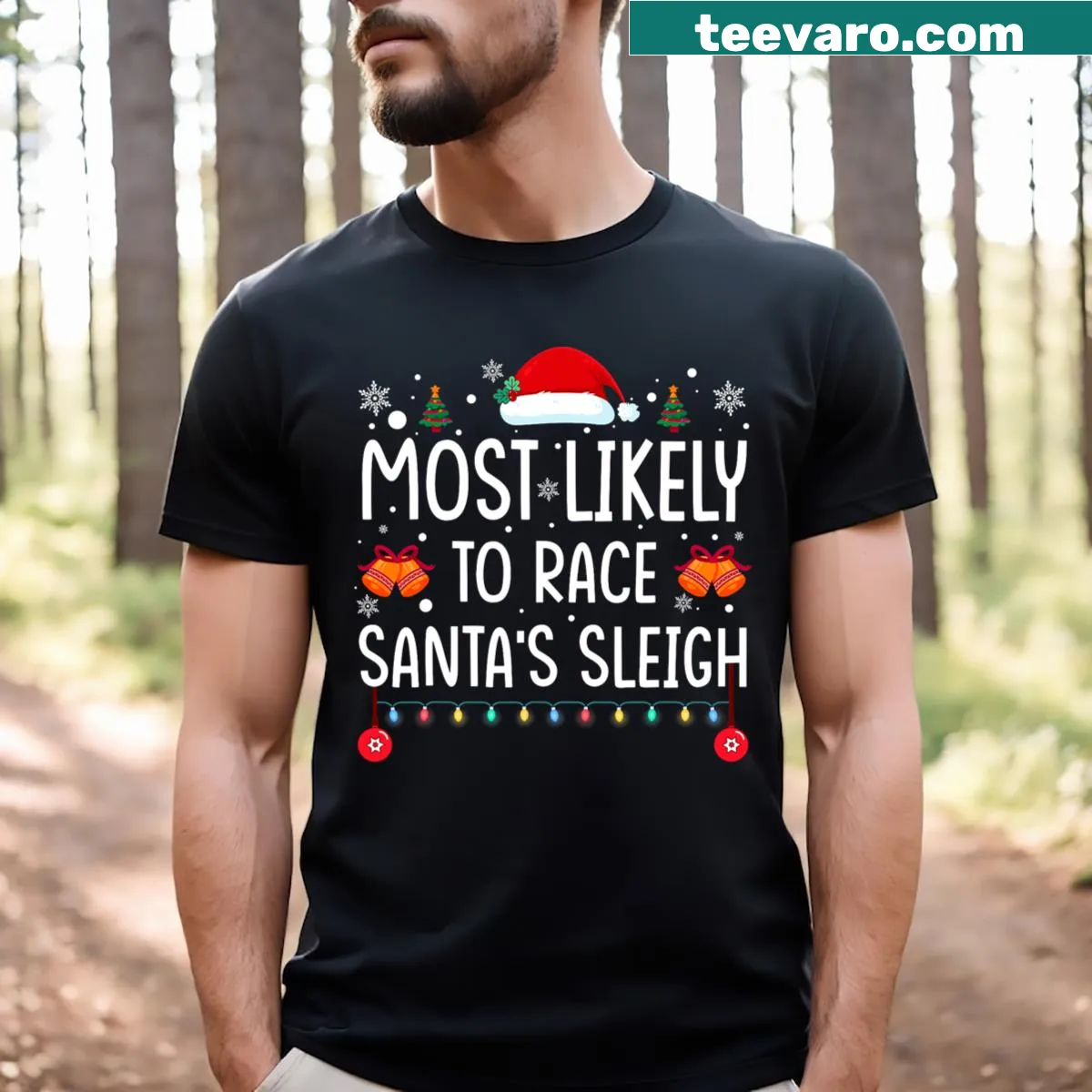 Matching Christmas T-shirt with text about racing Santa's sleigh — on a men's t-shirt