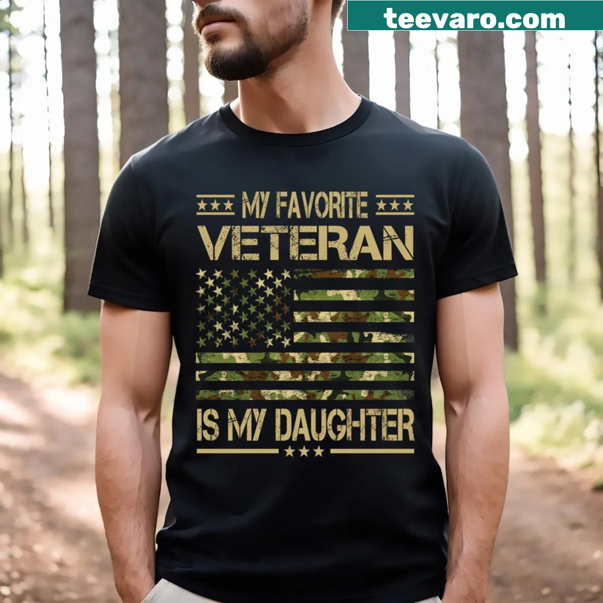 Patriotic T-shirt with camo flag and text about favorite veteran daughter — on a men's t-shirt