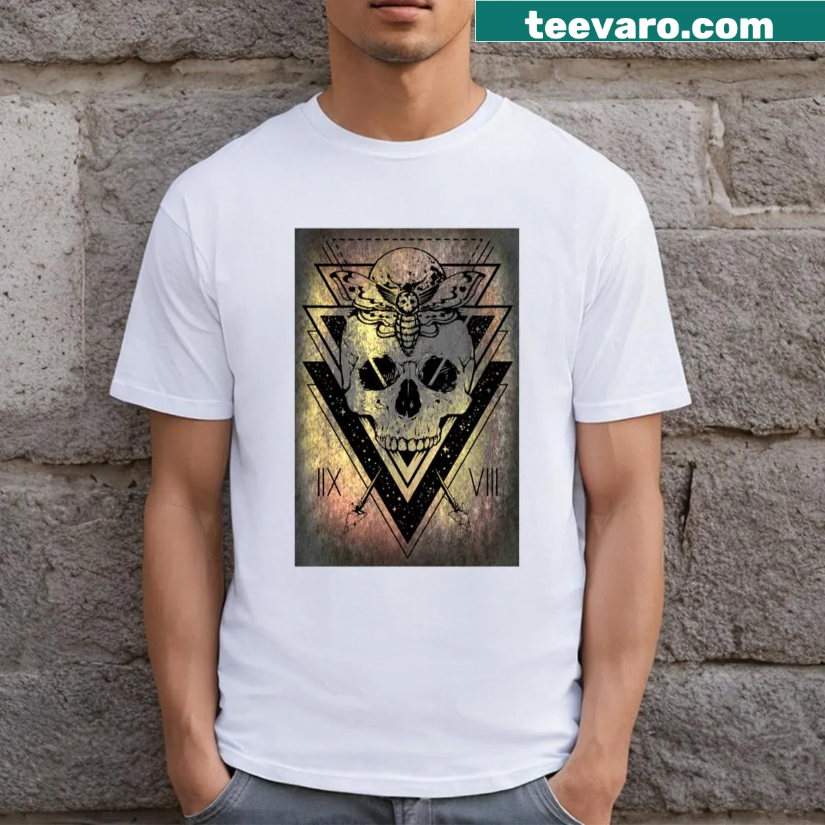 Illustrated T-shirt featuring a moth, skull, and lunar designs for mystical enthusiasts — on a men's t-shirt