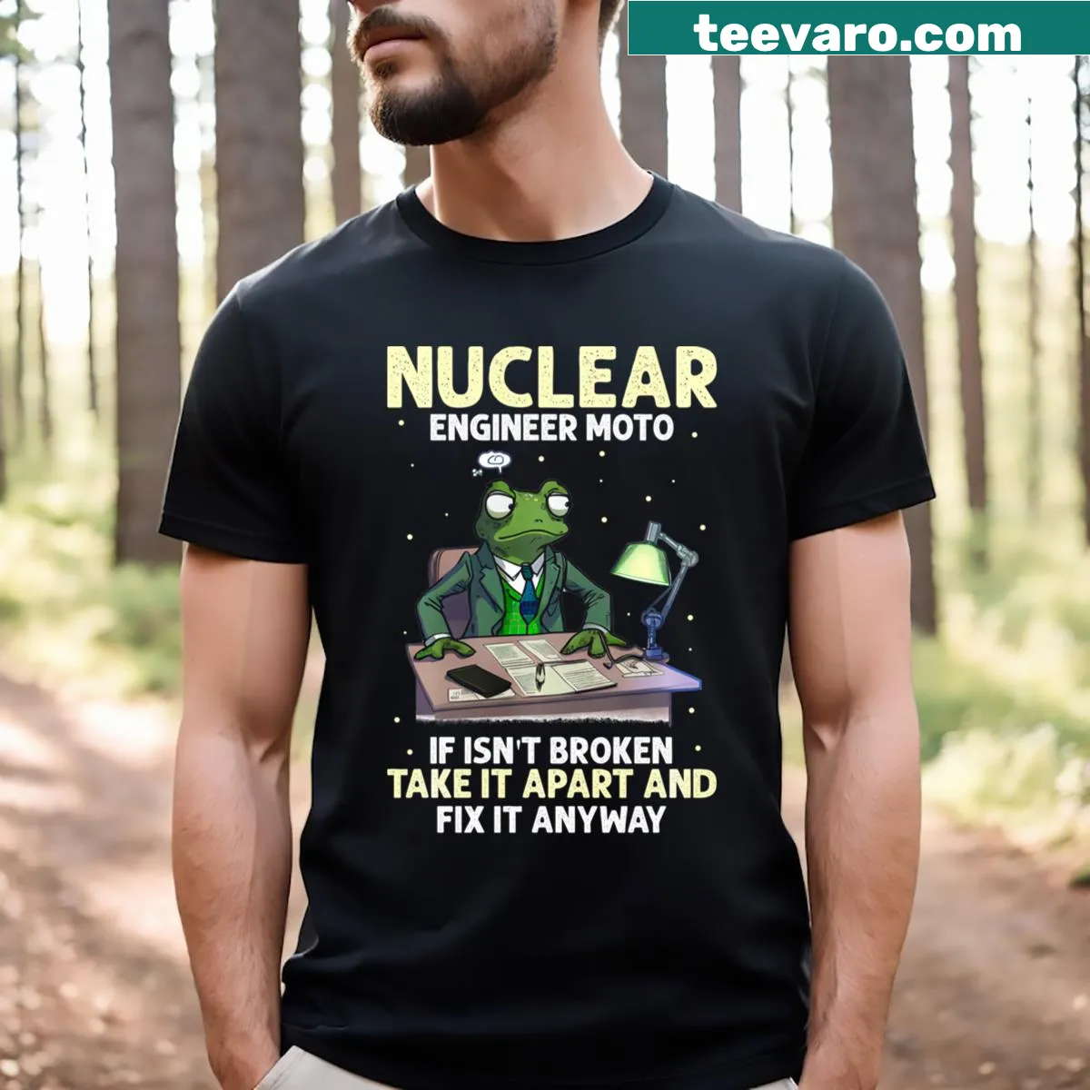 Thought-provoking nuclear engineering quote T-shirt with clear typography. — on a men's t-shirt