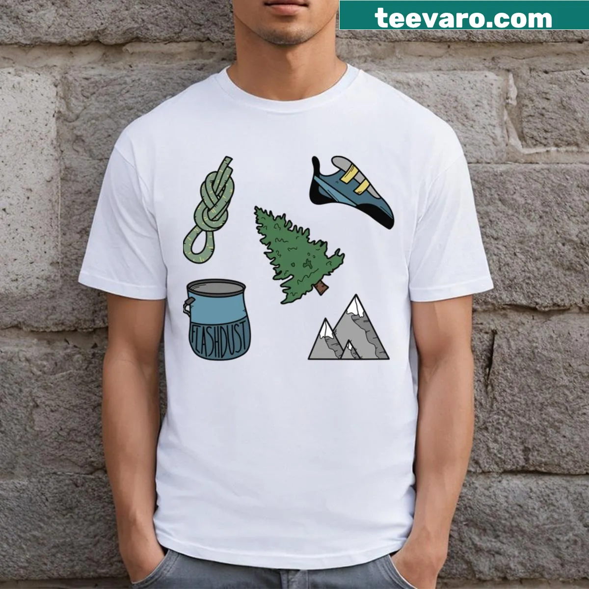 T-shirt featuring bold ocean-themed climbing graphics — on a men's t-shirt