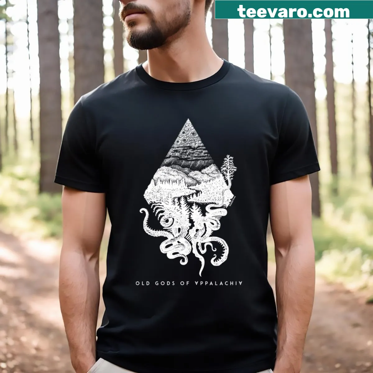 Nature-themed T-shirt featuring Appalachian fauna and flora design — on a men's t-shirt