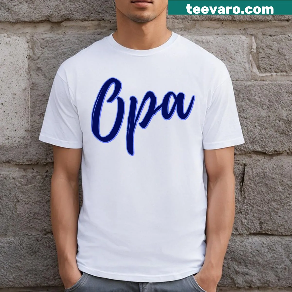 T-shirt with the word 'Opa' in a warm, inviting font — on a men's t-shirt
