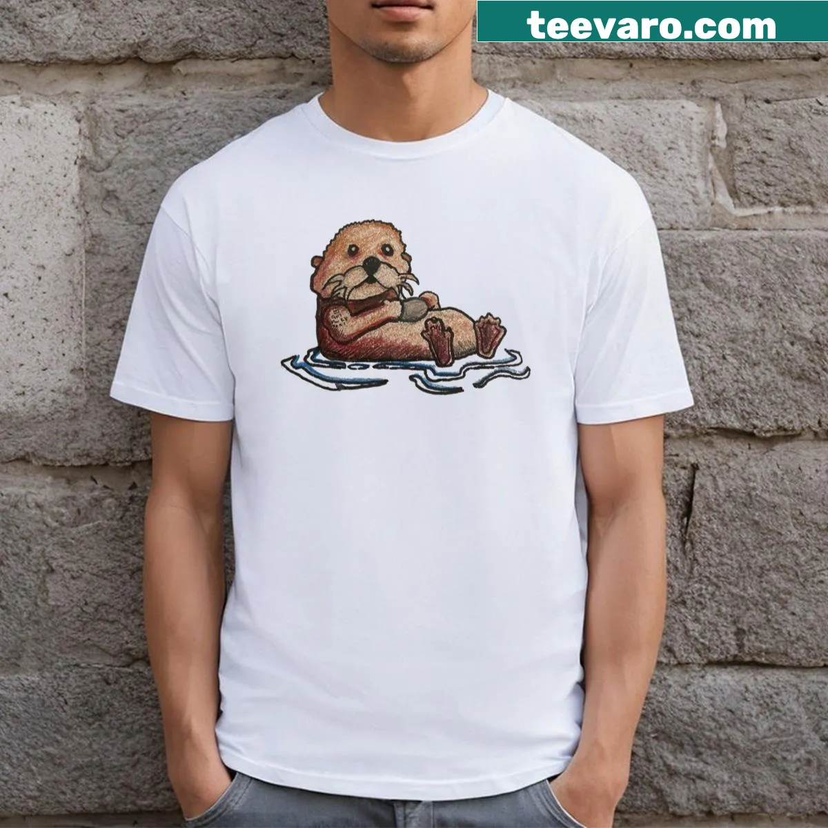 T-shirt with an otter emoji and colorful pencils graphic — on a men's t-shirt