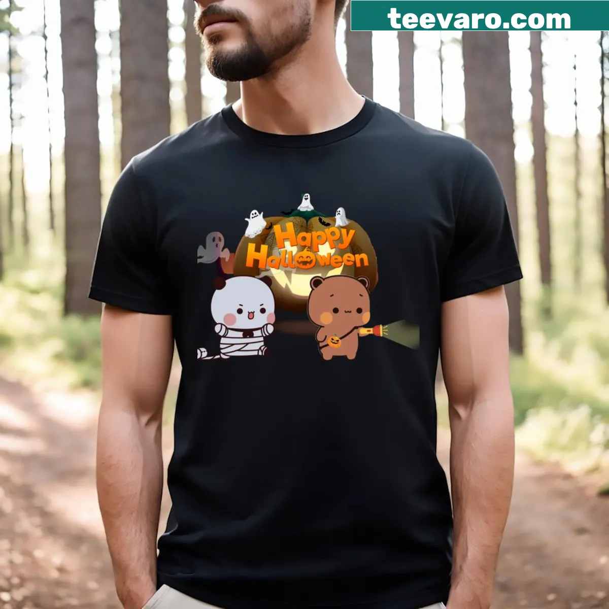 T-shirt with a panda bear and brownie couple illustration for Halloween — on a men's t-shirt