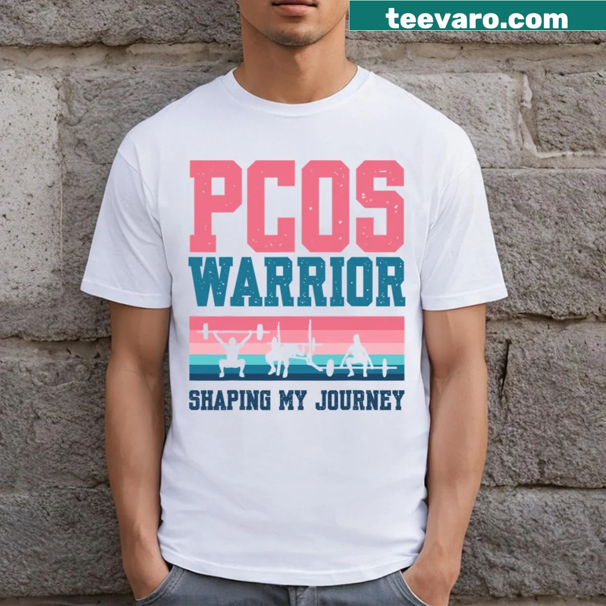 PCOS Warrior graphic on workout t-shirt emphasizing fitness — on a men's t-shirt