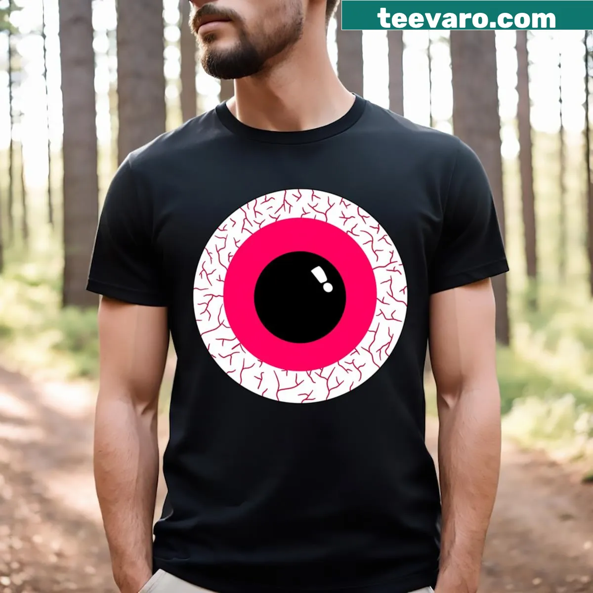 T-shirt with a humorous graphic of cartoon pink eyeballs — on a men's t-shirt