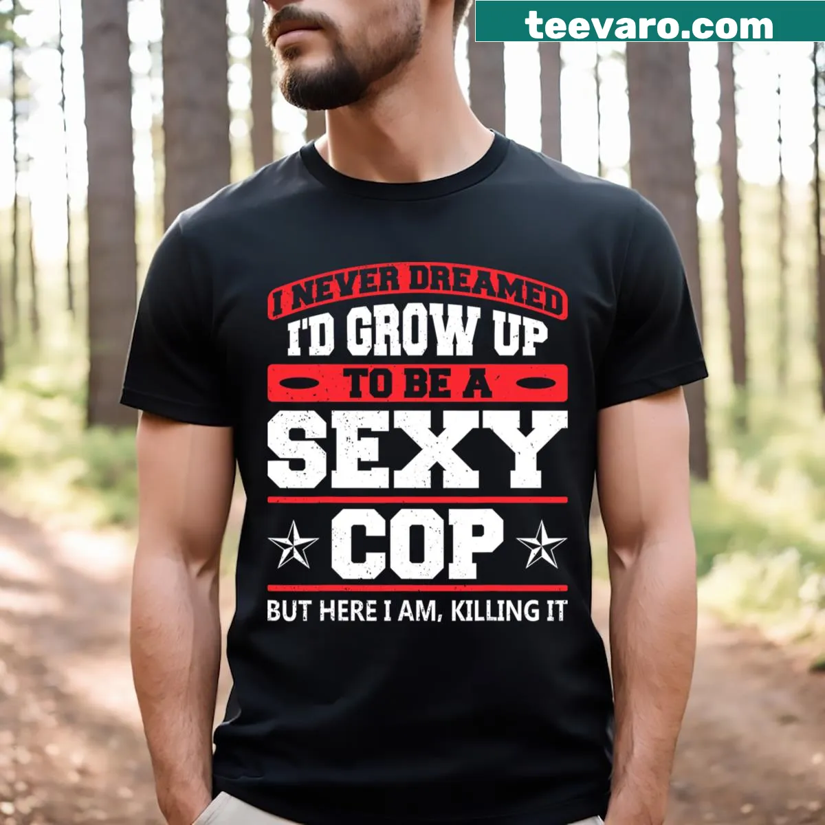 Police Officer costume T-shirt with a bold badge emblem. — on a men's t-shirt