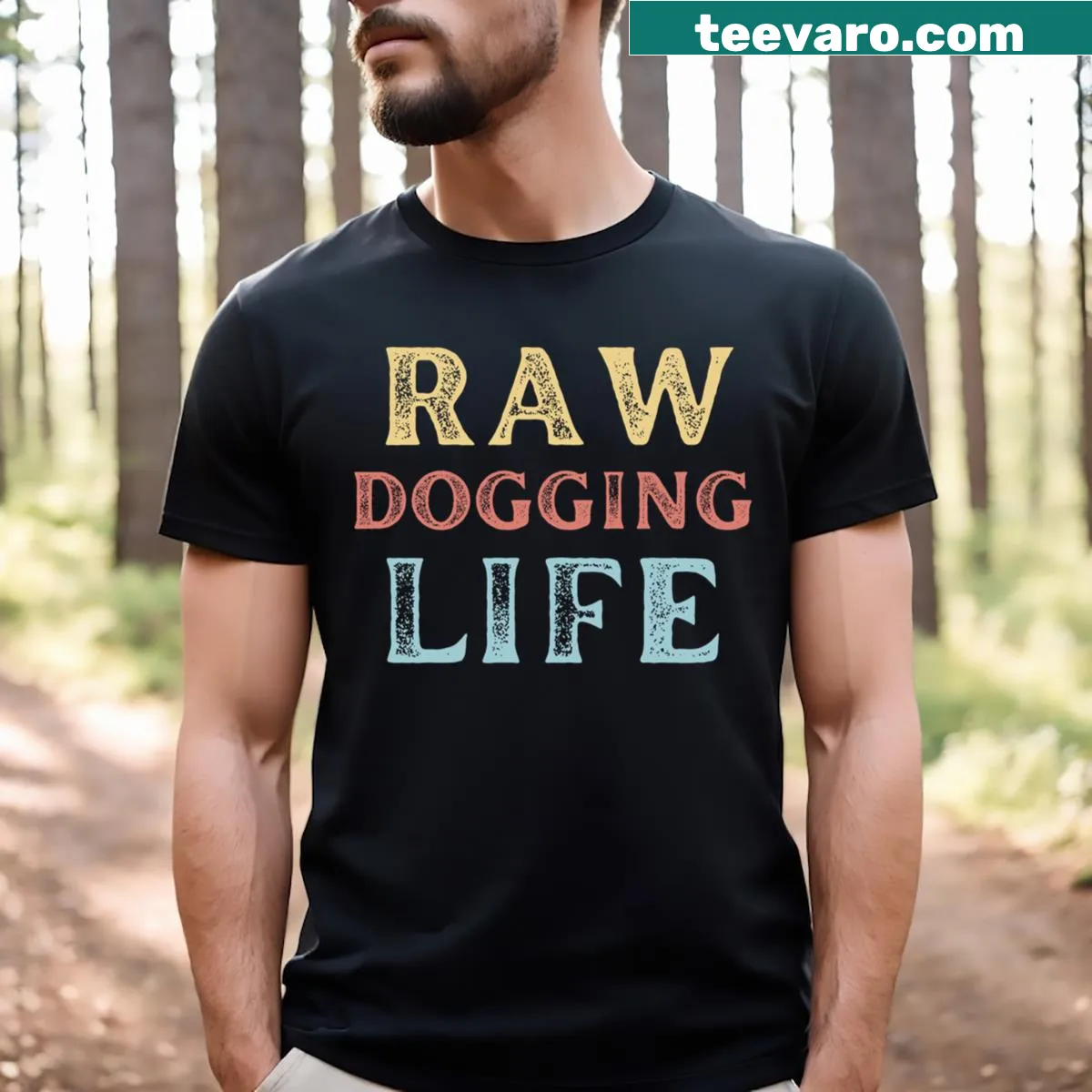 Vintage-style T-shirt for men with the quote 'Raw Dogging Life' — on a men's t-shirt
