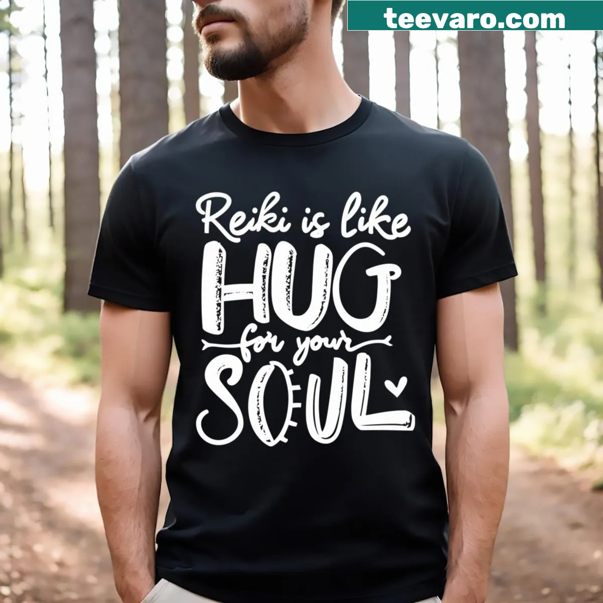 Wholesome t-shirt with text about Reiki as a soul hug. — on a men's t-shirt