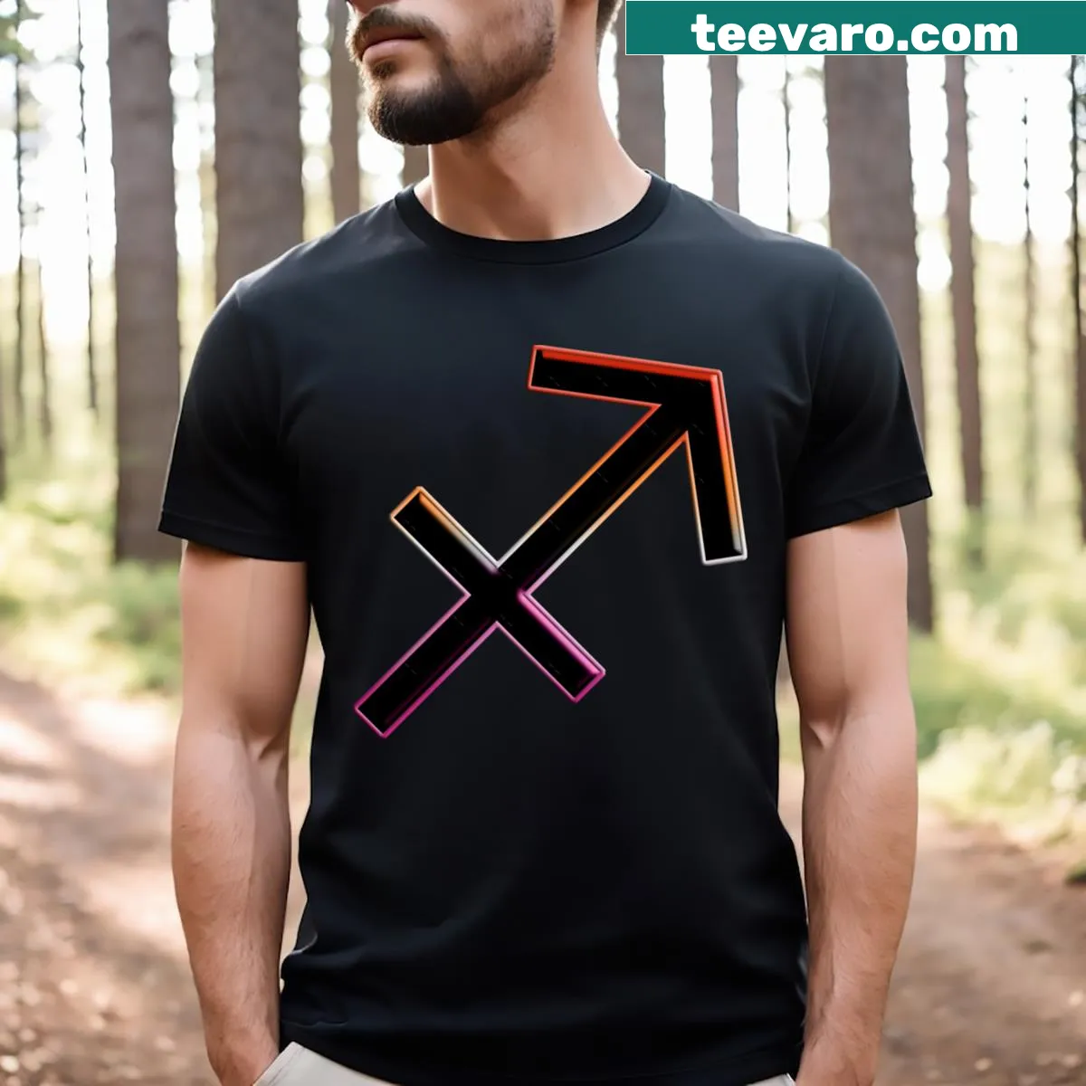 T-shirt featuring Sagittarius zodiac sign with pride elements — on a men's t-shirt