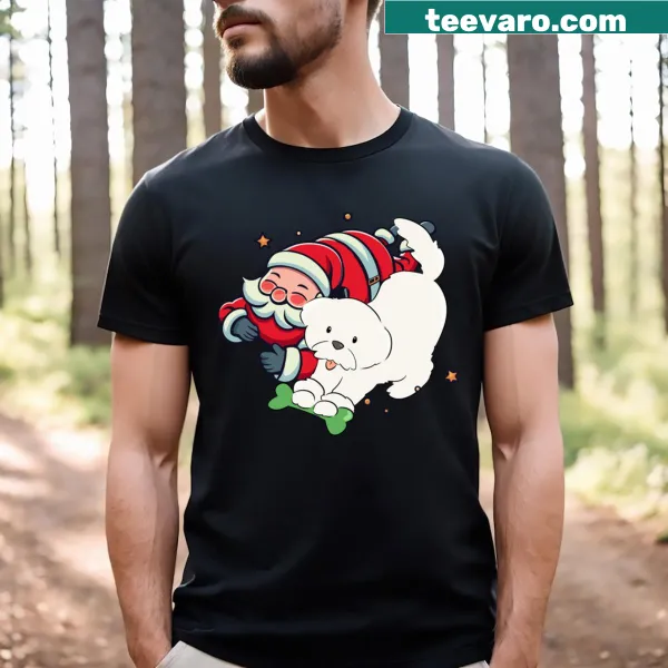 Santa Claus with a dog in a cheerful illustration on a t-shirt