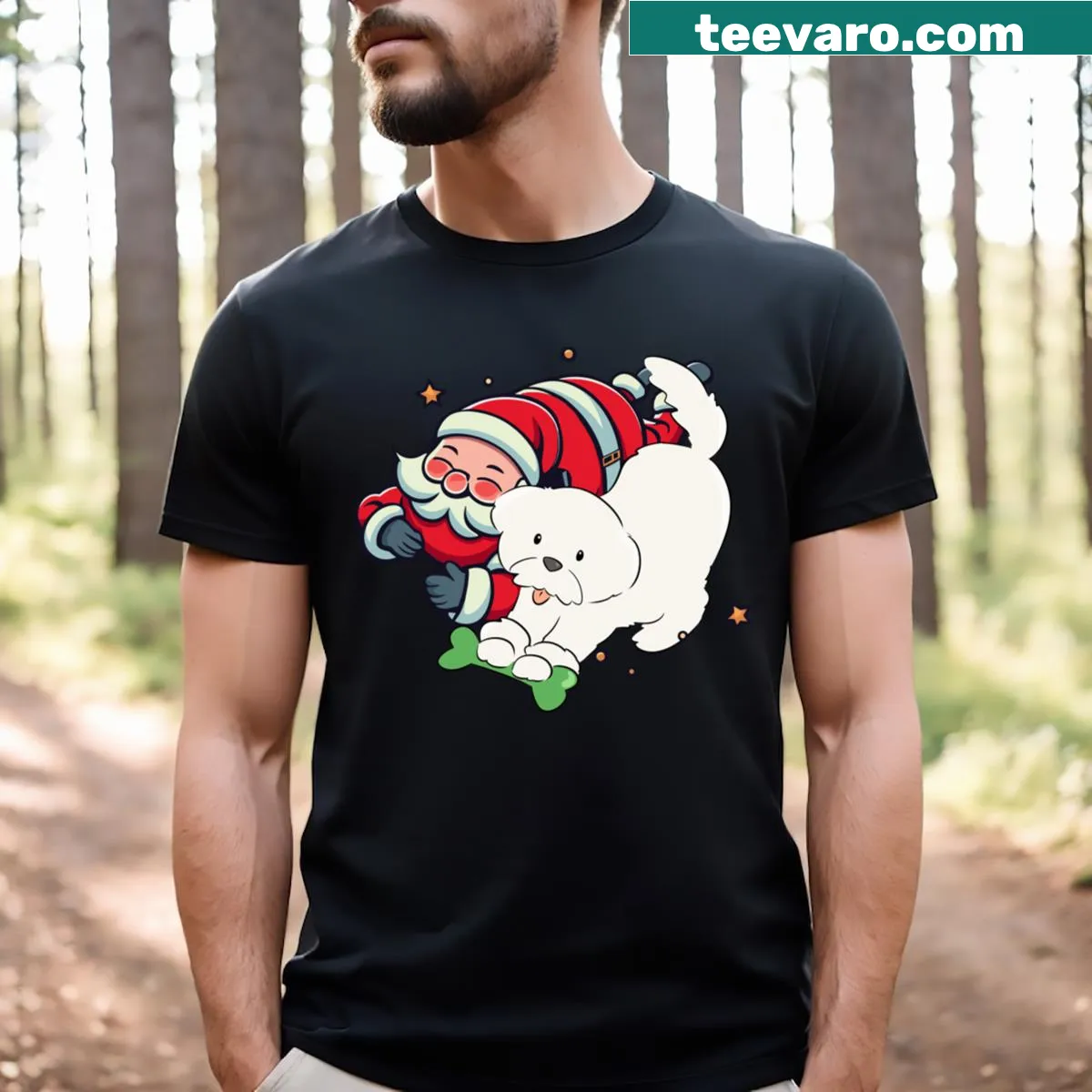 Santa Claus with a dog in a cheerful illustration on a t-shirt — on a men's t-shirt