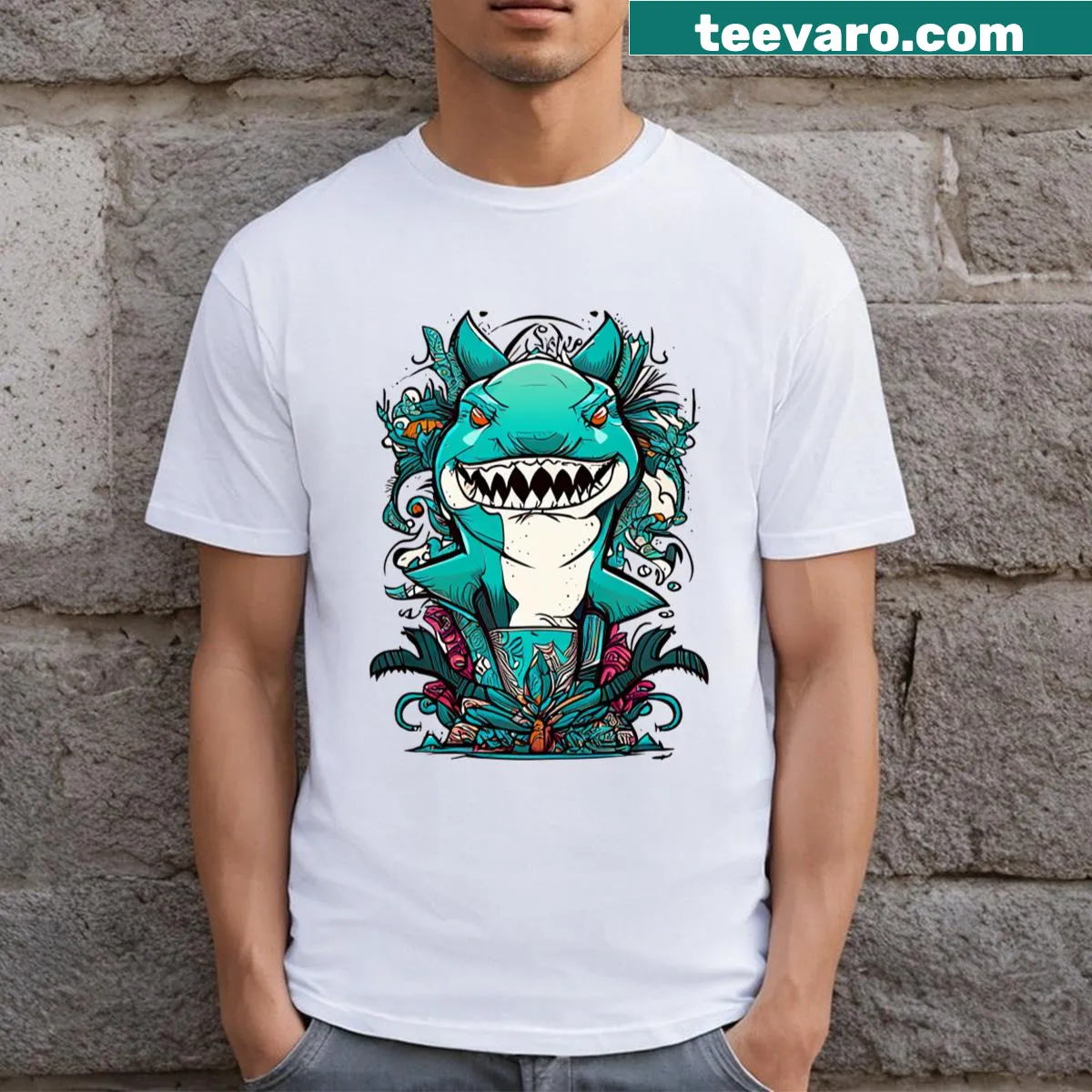 Mayan-inspired shark graphic on a casual t-shirt. — on a men's t-shirt