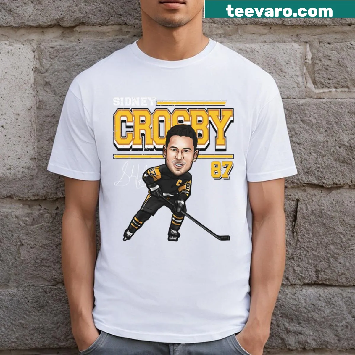 Cartoon illustration of Sidney Crosby on a Pittsburgh-themed t-shirt — on a men's t-shirt