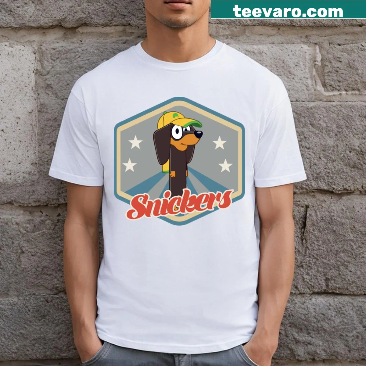 Bluey cartoon T-shirt with Snickers theme — on a men's t-shirt