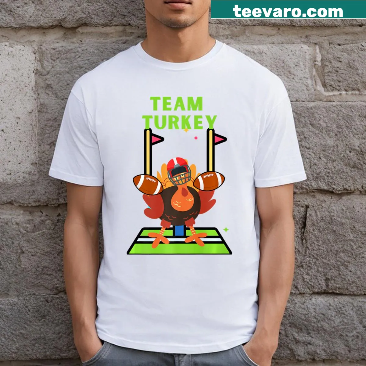 Cartoon T-shirt with turkey playing football for Thanksgiving — on a men's t-shirt