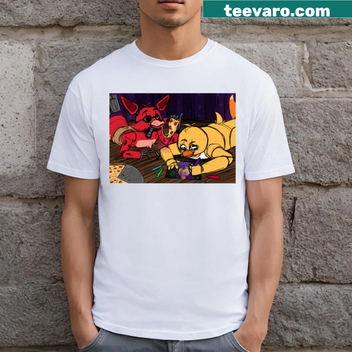 Illustrated graphic of Five Nights at Freddy's characters on t-shirt — on a men's t-shirt