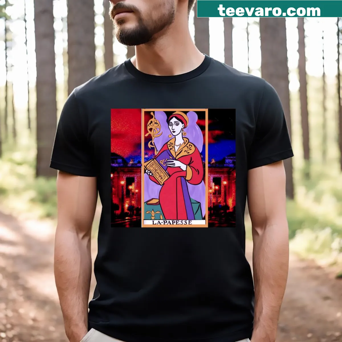 Tarot-themed t-shirt featuring The Popess card illustration — on a men's t-shirt