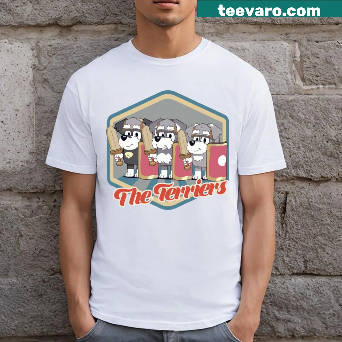Cartoon style t-shirt featuring various terrier dog breeds — on a men's t-shirt