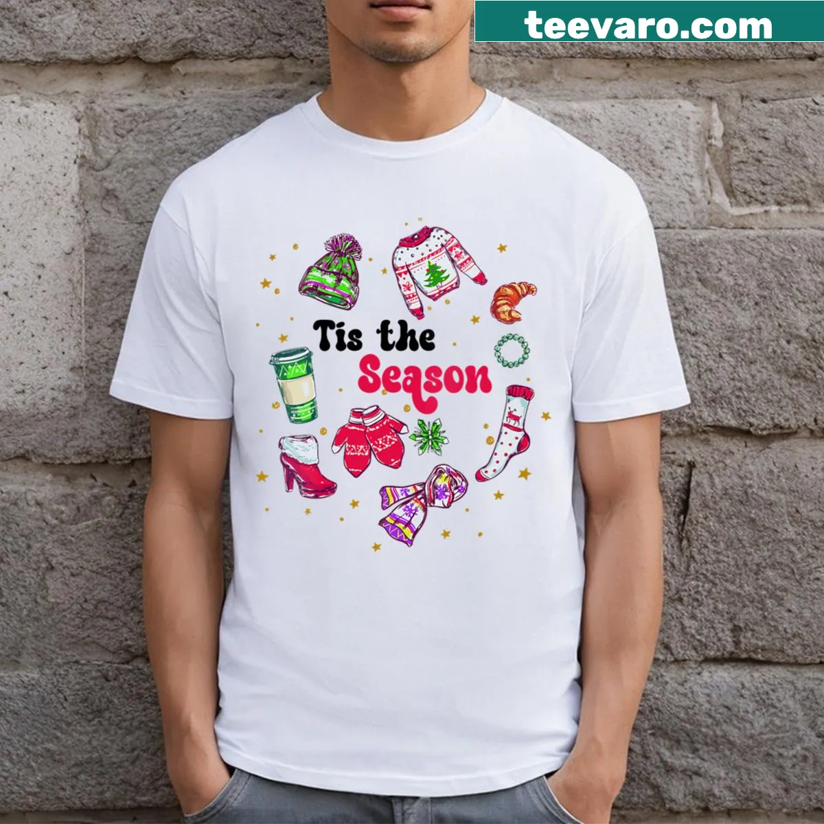 Christmas-themed t-shirt with tree elements for the festive season — on a men's t-shirt
