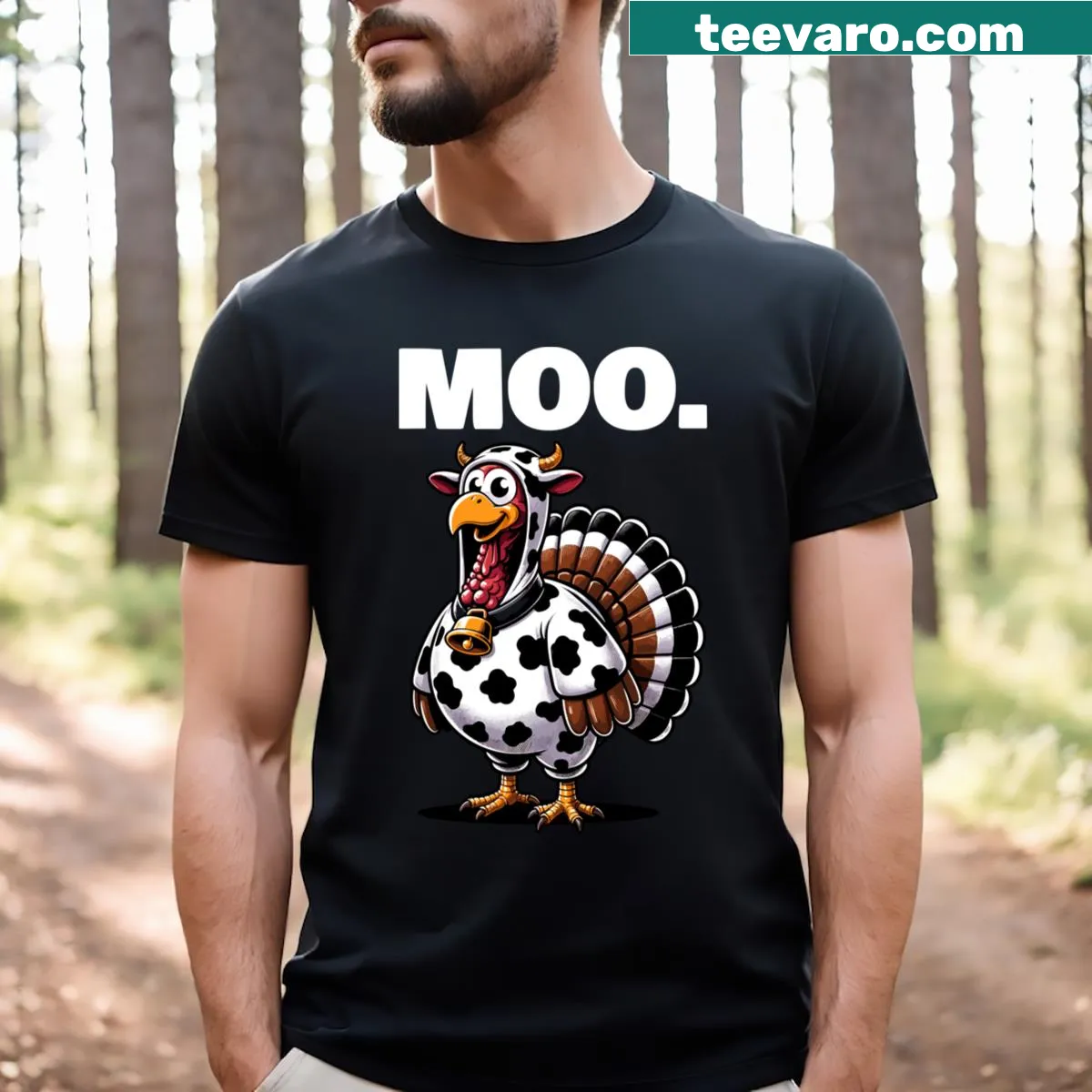Funny Thanksgiving t-shirt with cow and turkey design. — on a men's t-shirt