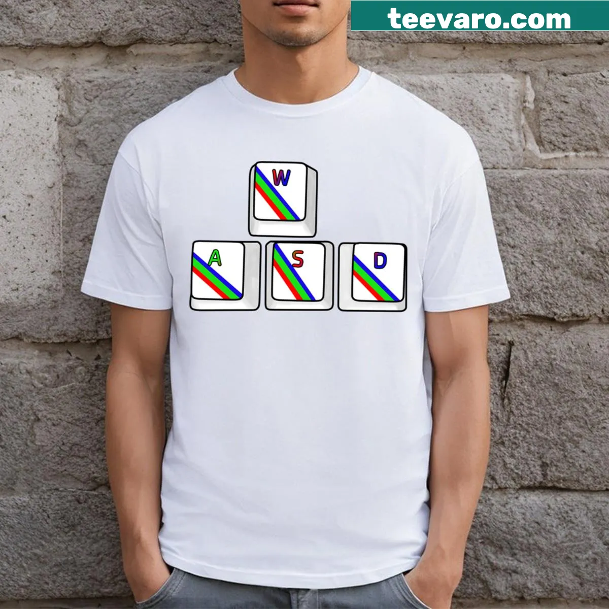 WASD gamer keyboard keys silhouette with RGB rainbow effect — on a men's t-shirt