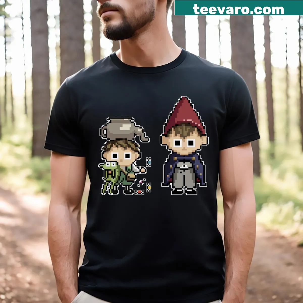 Retro pixel art of Wirt and Greg on a t-shirt — on a men's t-shirt