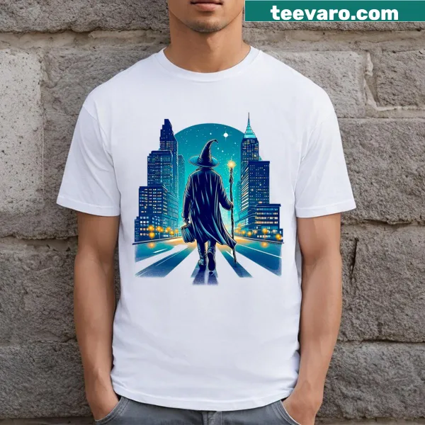 Illustration of a wizard walking on a city street, casting spells