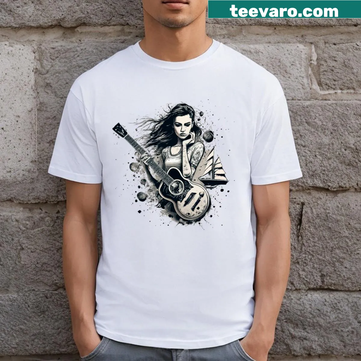 Illustration of a woman traveling through music on a t-shirt — on a men's t-shirt