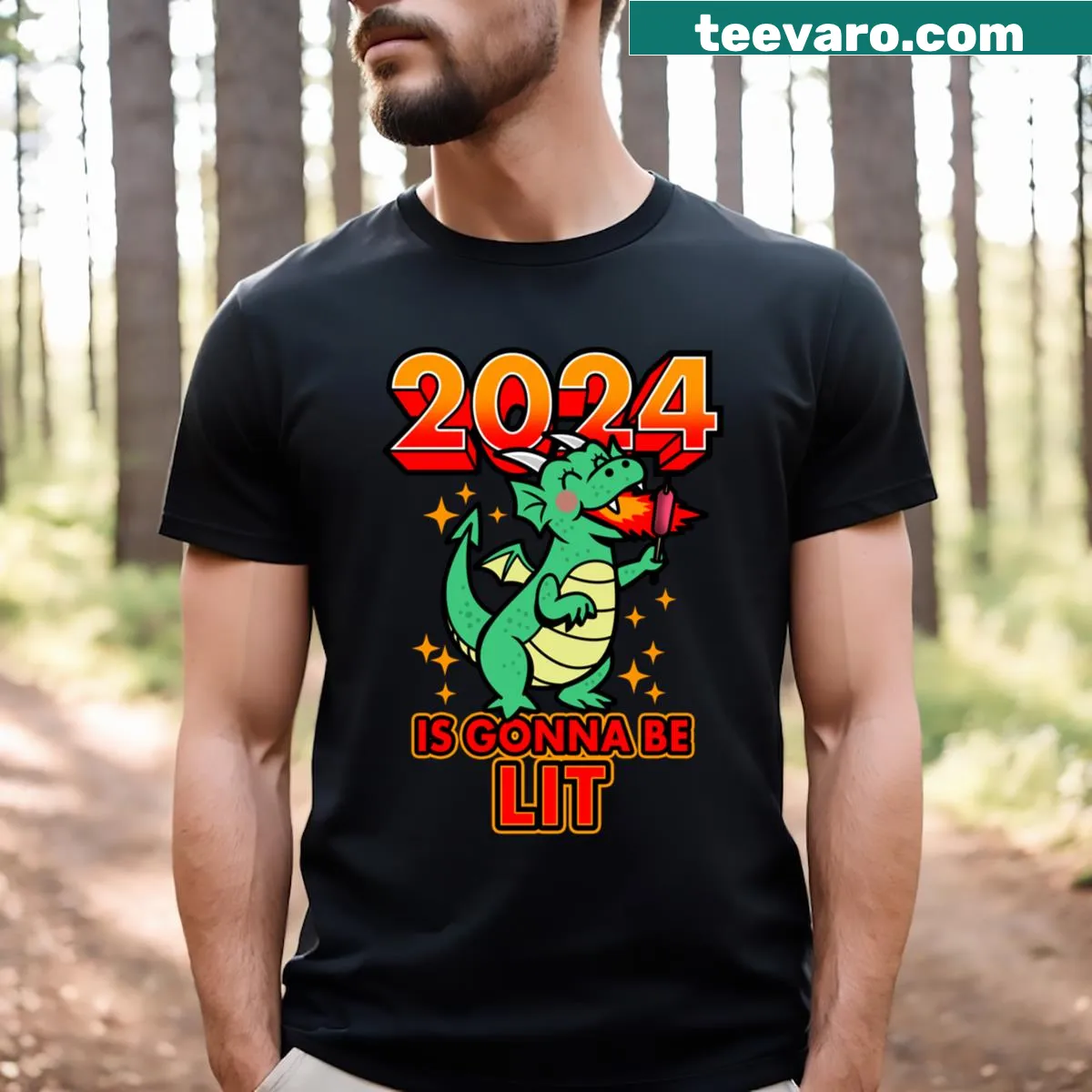 Funny cartoon t-shirt for the Year of the Dragon in 2024 — on a men's t-shirt