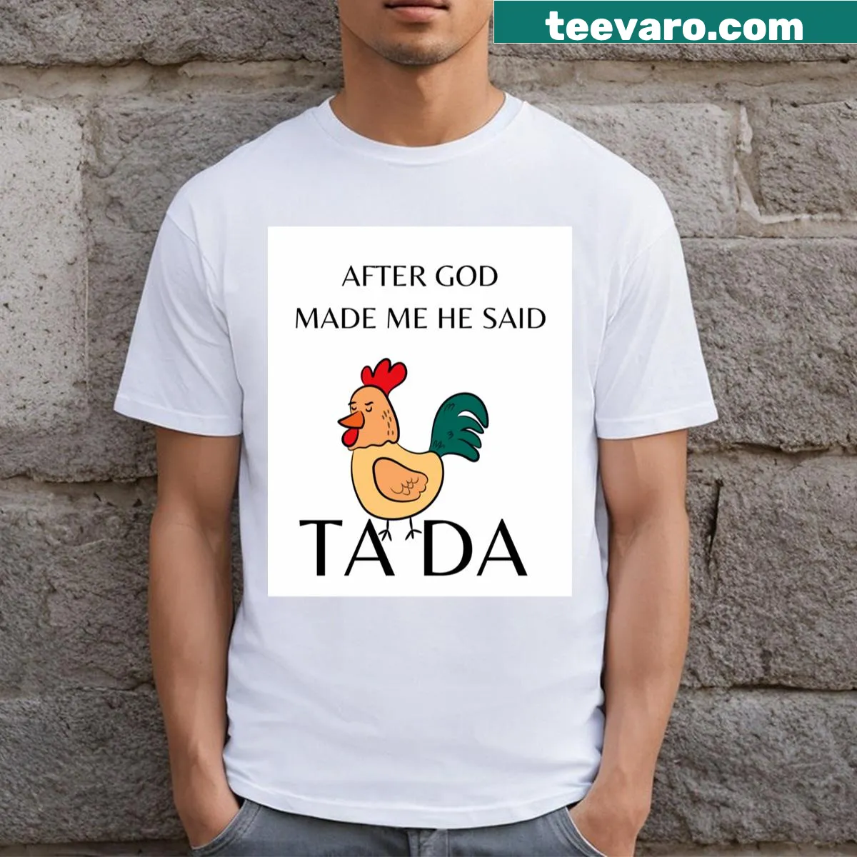 Funny chicken t-shirt with creation-themed text design — on a men's t-shirt