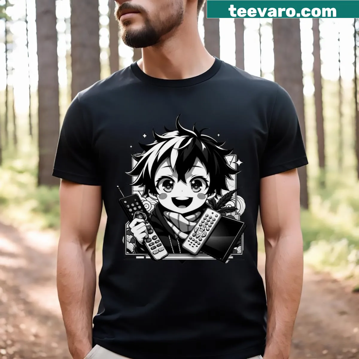 Humorous anime fan t-shirt featuring remote control and adventure theme — on a men's t-shirt