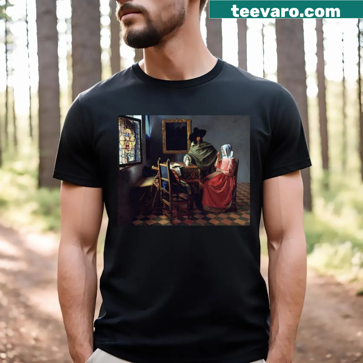 Art-inspired t-shirt featuring text about Johannes Vermeer — on a men's t-shirt