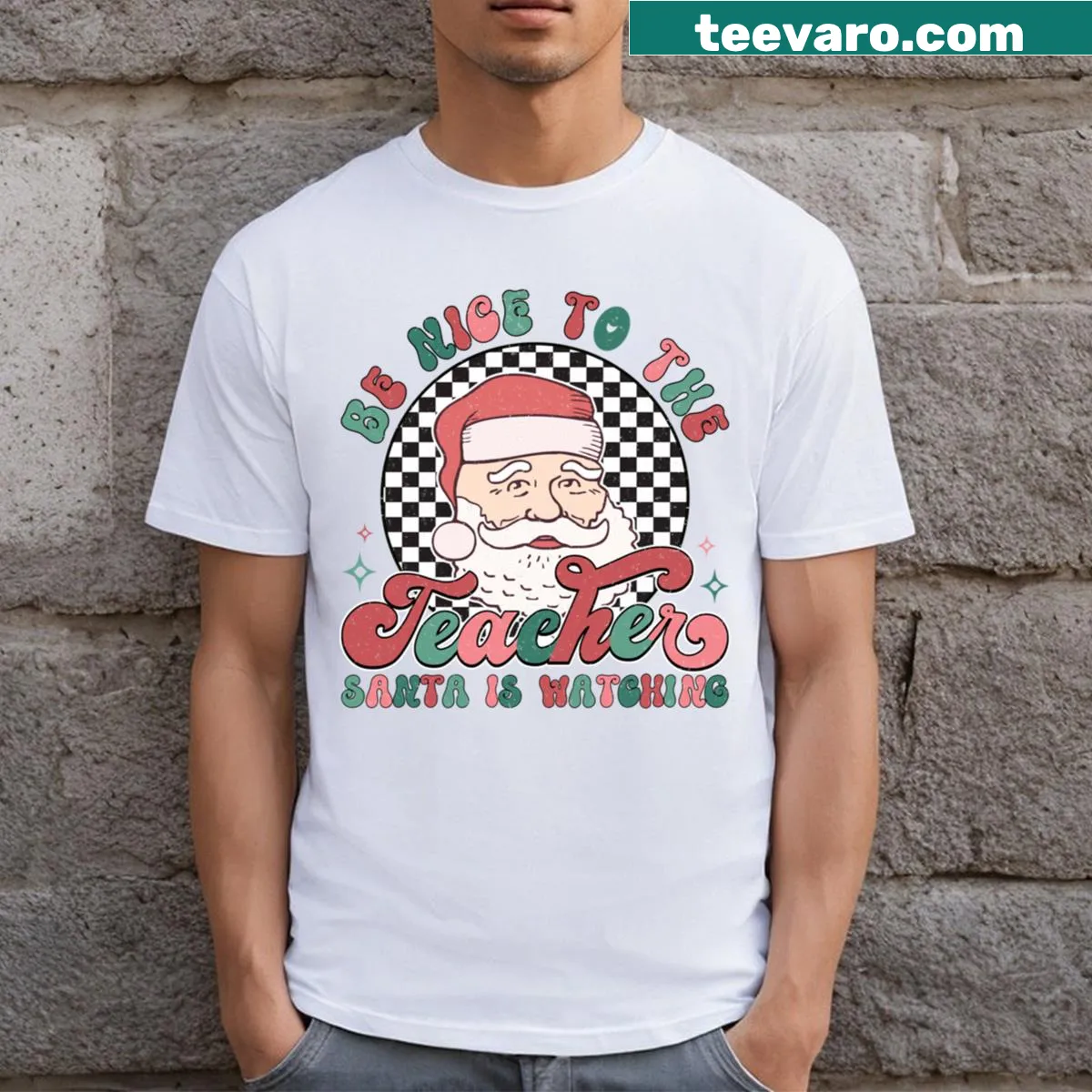 Christmas T-shirt with 'Santa is watching' message for teachers. — on a men's t-shirt
