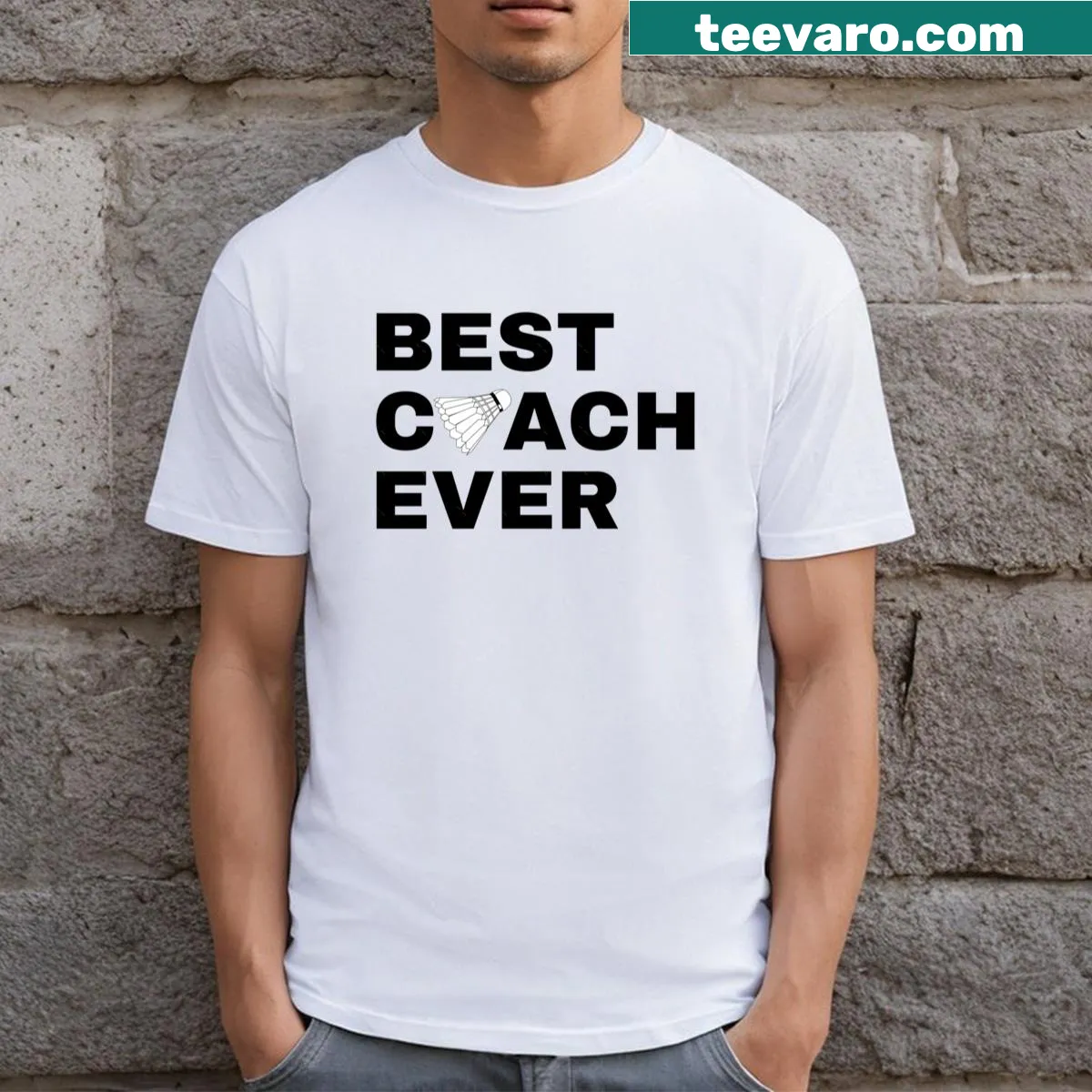 Black t-shirt with the text 'Best Coach Ever' for badminton coaches. — on a men's t-shirt