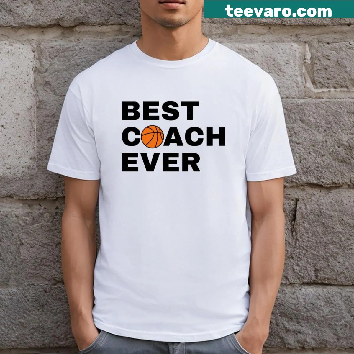 Black t-shirt displaying 'Best Coach Ever' text for basketball coaches. — on a men's t-shirt