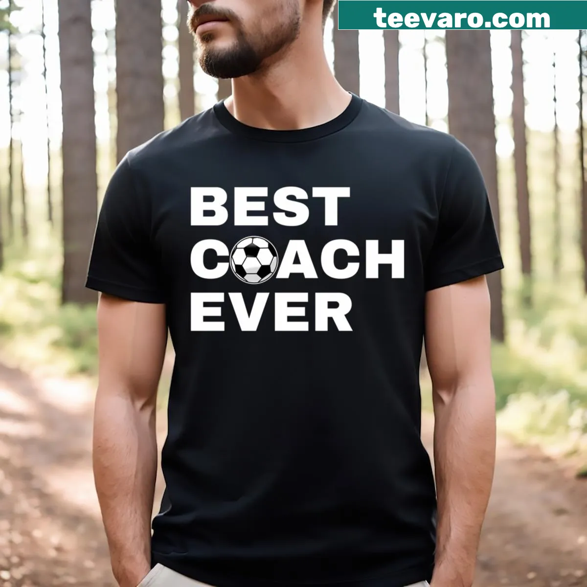 White t-shirt with 'Best Coach Ever' text for soccer coaches. — on a men's t-shirt