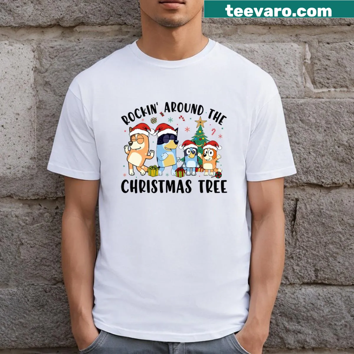 Family-friendly Bluey Christmas t-shirt with festive illustration — on a men's t-shirt