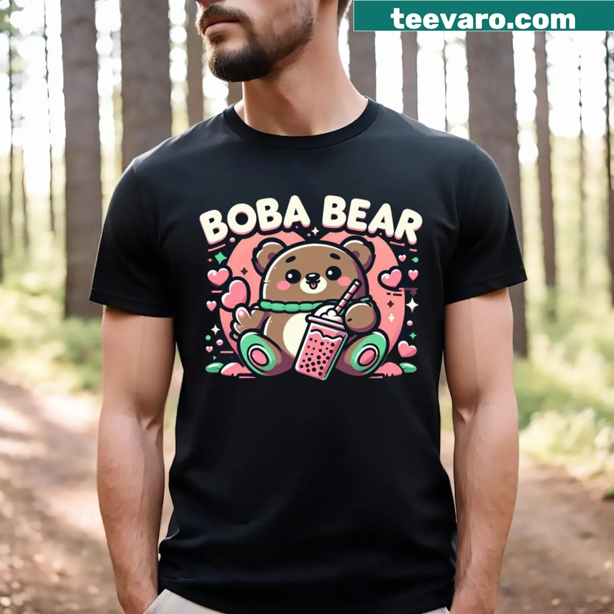 Cute bear graphic with boba on T-shirt — on a men's t-shirt
