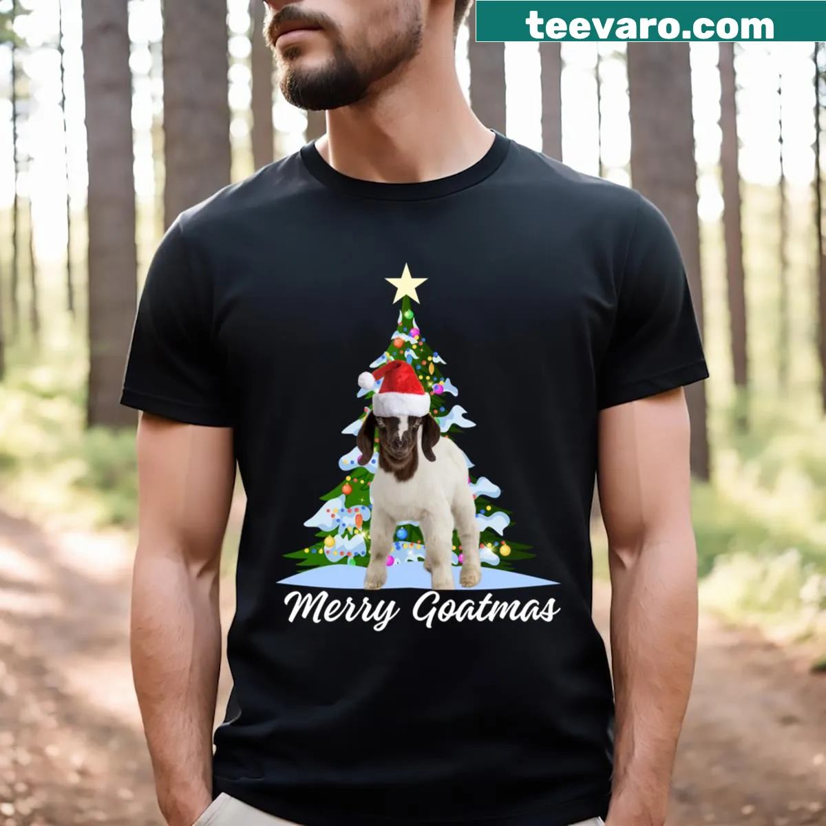 Merry Goatmas graphic with a goat for Goat Mom on a Christmas T-shirt — on a men's t-shirt
