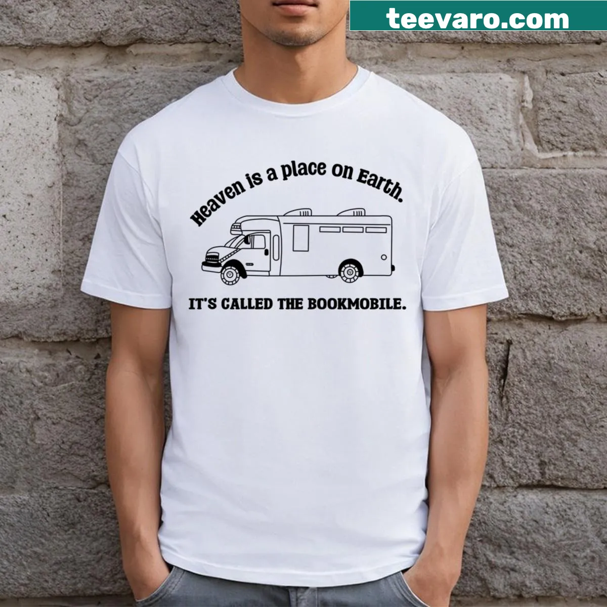 Heartfelt Bookmobile t-shirt with a literary message — on a men's t-shirt