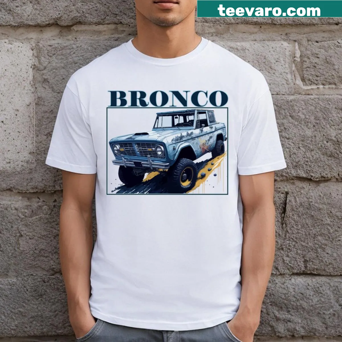 Retro Bronco t-shirt featuring classic vehicle graphics — on a men's t-shirt