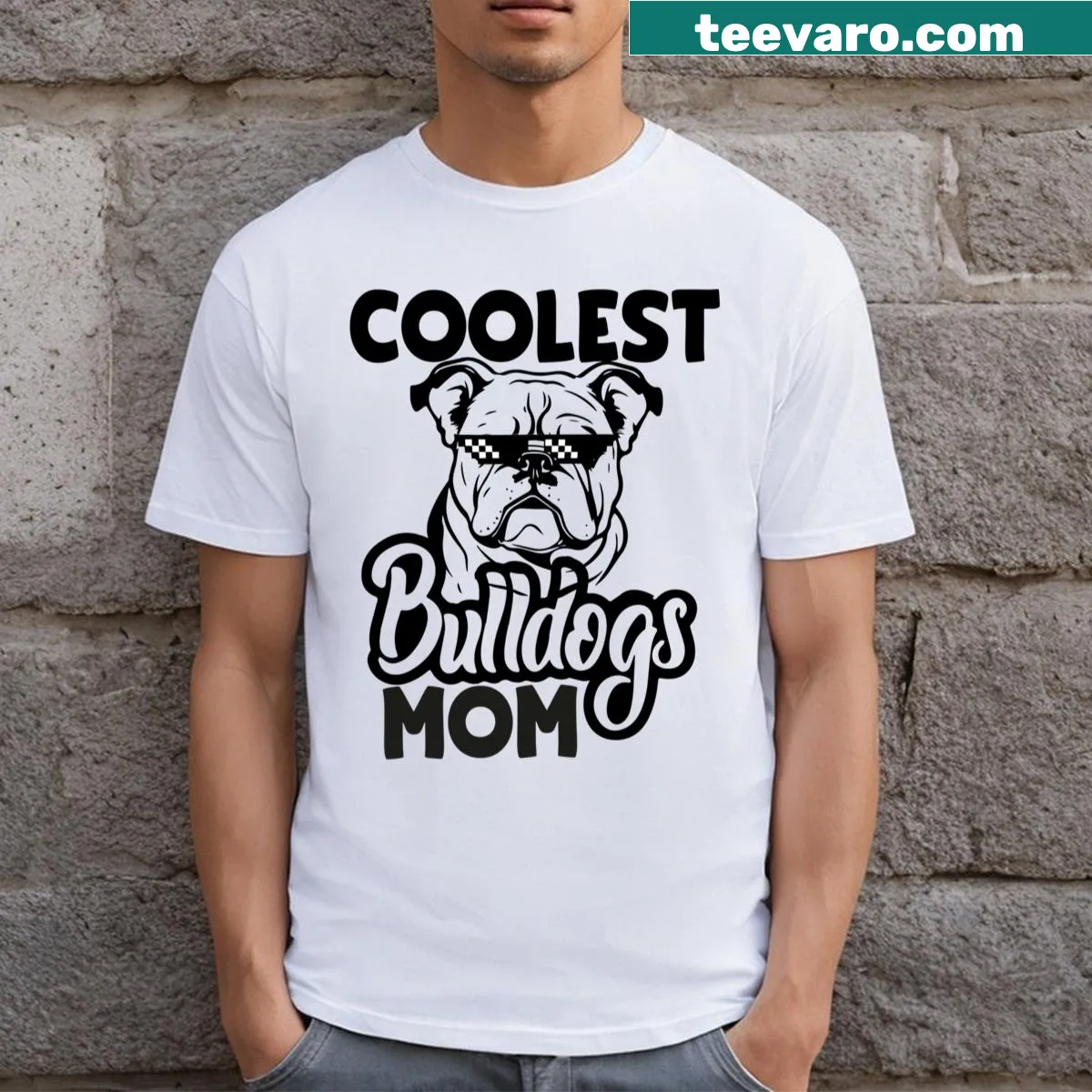 Quote graphic celebrating bulldog moms on a t-shirt — on a men's t-shirt