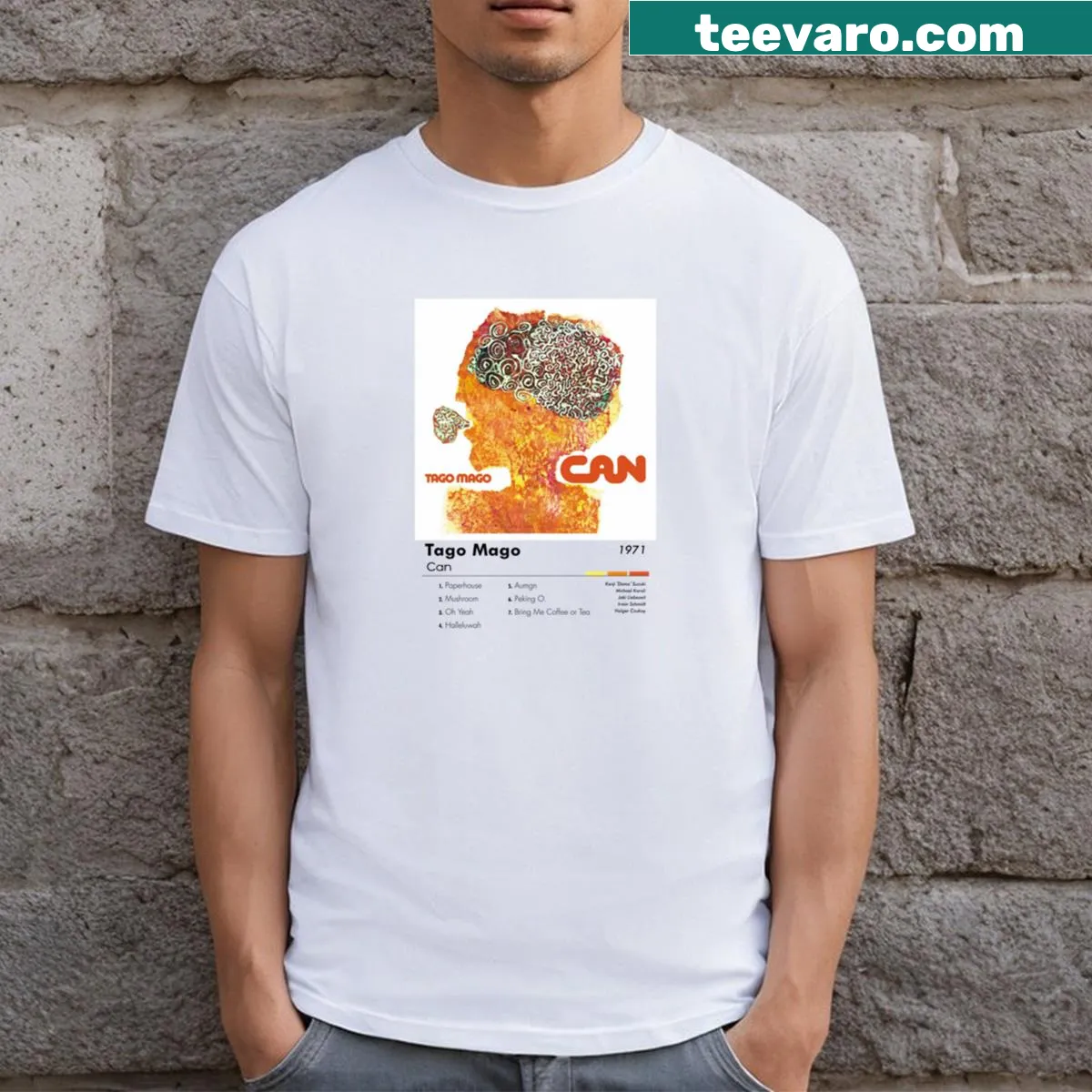 Illustrative T-shirt featuring artwork inspired by Can Tago Mago album — on a men's t-shirt