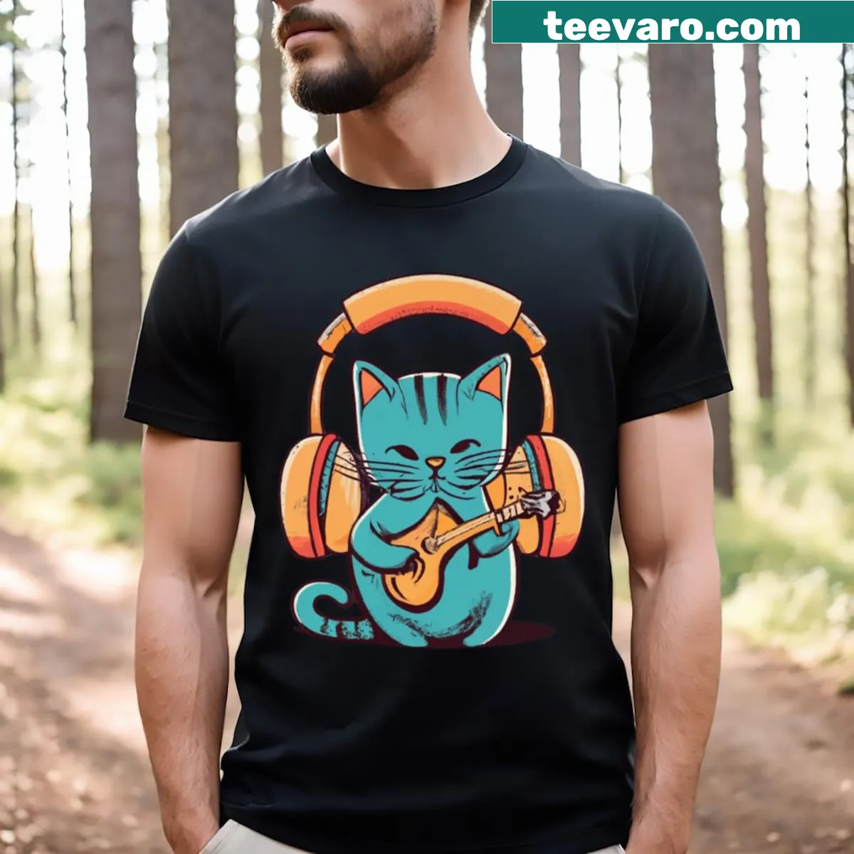 Illustrative T-shirt featuring musical cats in a jungle setting — on a men's t-shirt