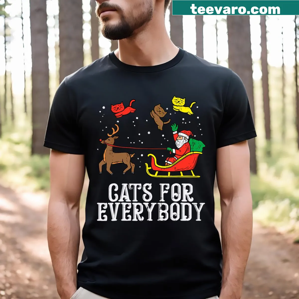 Christmas-themed T-shirt featuring funny cat graphics and Santa elements — on a men's t-shirt