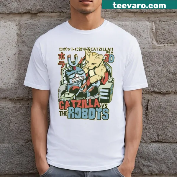 Whimsical T-shirt featuring Catzilla battling robots