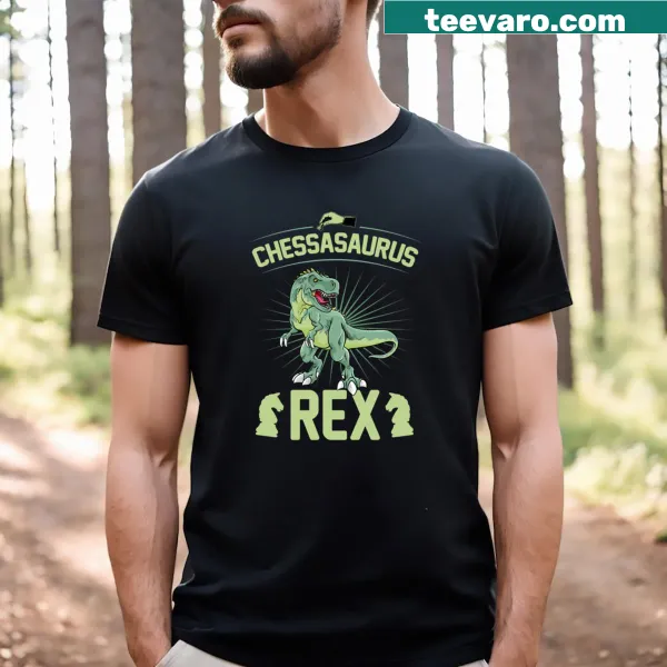 Funny T-shirt featuring a Chessasaurus Rex dinosaur holding a chess piece