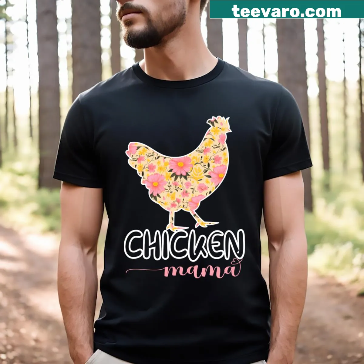 Cute t-shirt with hen illustrations and flowers for chicken moms — on a men's t-shirt